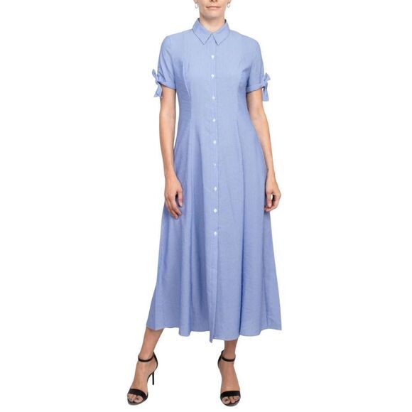 T Tahari Collared Button Down Dress Size 6 Blue Striped Midi Fit Flare - Picture 1 of 15